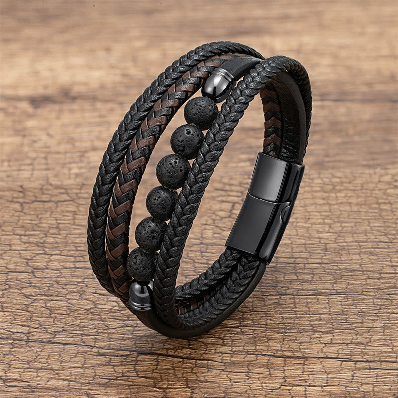 Buddha Stones ​​Tigerauge Lavastein Schwarzer Onyx Lazurit Lapislazuli Hämatitperle Positives Lederarmband - Lavagestein - 18-22 cm - image 3