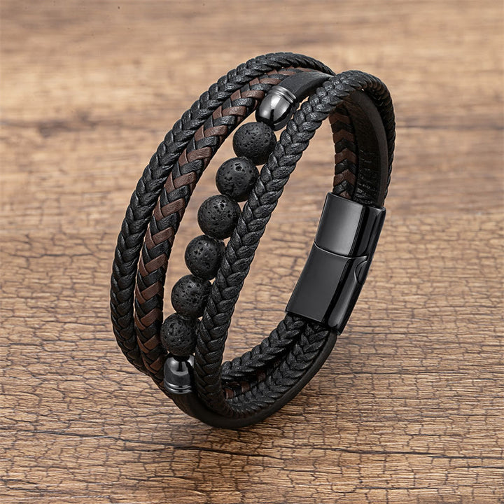 Buddha Stones ​​Tigerauge Lavastein Schwarzer Onyx Lazurit Lapislazuli Hämatitperle Positives Lederarmband - Lavagestein - 18-22 cm - image 3