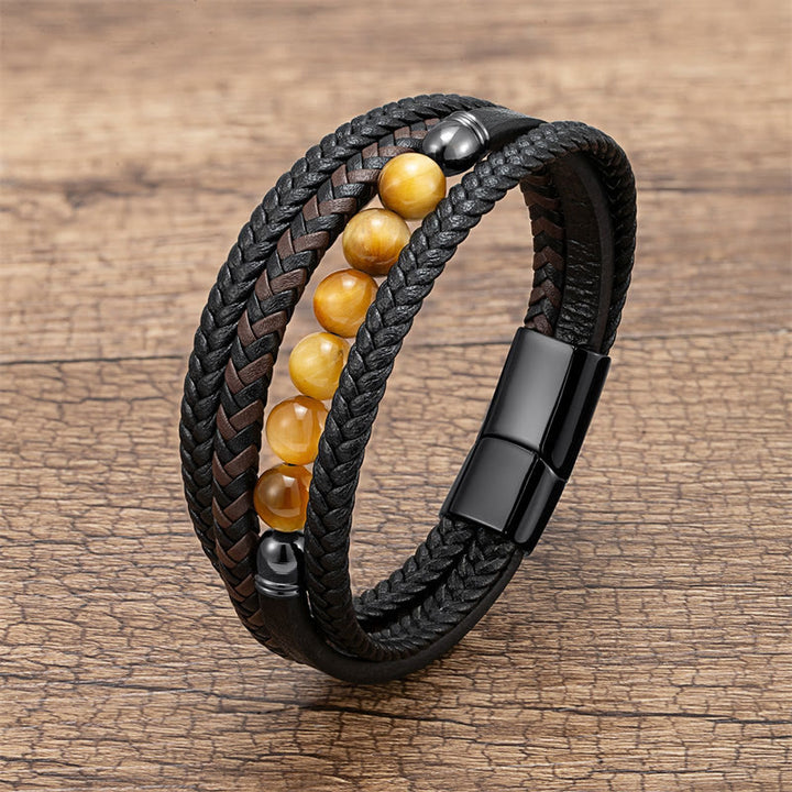 Buddha Stones ​​Tigerauge Lavastein Schwarzer Onyx Lazurit Lapislazuli Hämatitperle Positives Lederarmband - Gelbes Tigerauge - 18-22 cm - image 5