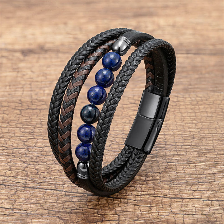 Buddha Stones ​​Tigerauge Lavastein Schwarzer Onyx Lazurit Lapislazuli Hämatitperle Positives Lederarmband - Lapislazuli - 18-22 cm - image 8