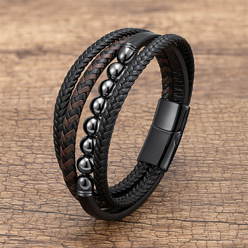 Buddha Stones ​​Tigerauge Lavastein Schwarzer Onyx Lazurit Lapislazuli Hämatitperle Positives Lederarmband - Hematit - 18-22 cm - image 10
