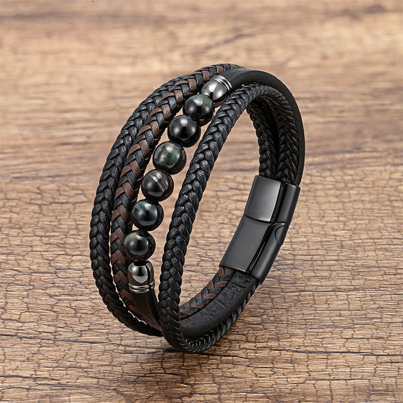 Buddha Stones ​​Tigerauge Lavastein Schwarzer Onyx Lazurit Lapislazuli Hämatitperle Positives Lederarmband - Achat - 18-22 cm - image 12