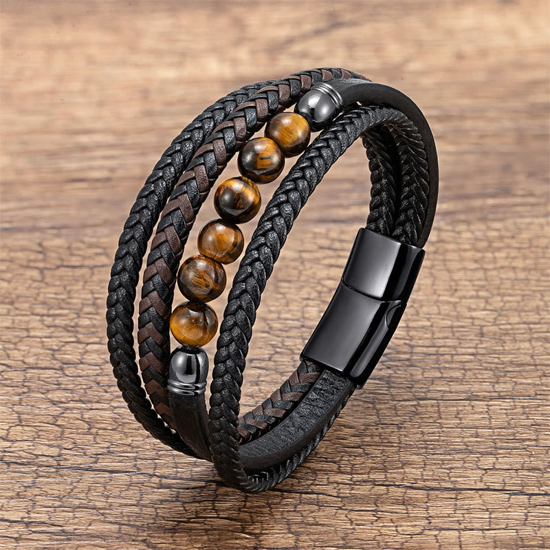 Buddha Stones ​​Tigerauge Lavastein Schwarzer Onyx Lazurit Lapislazuli Hämatitperle Positives Lederarmband - Tigerauge - 18-22 cm - image 14
