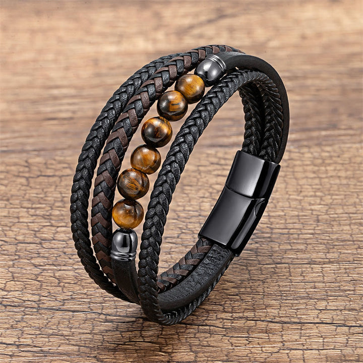 Buddha Stones ​​Tigerauge Lavastein Schwarzer Onyx Lazurit Lapislazuli Hämatitperle Positives Lederarmband - Tigerauge - 18-22 cm - image 14
