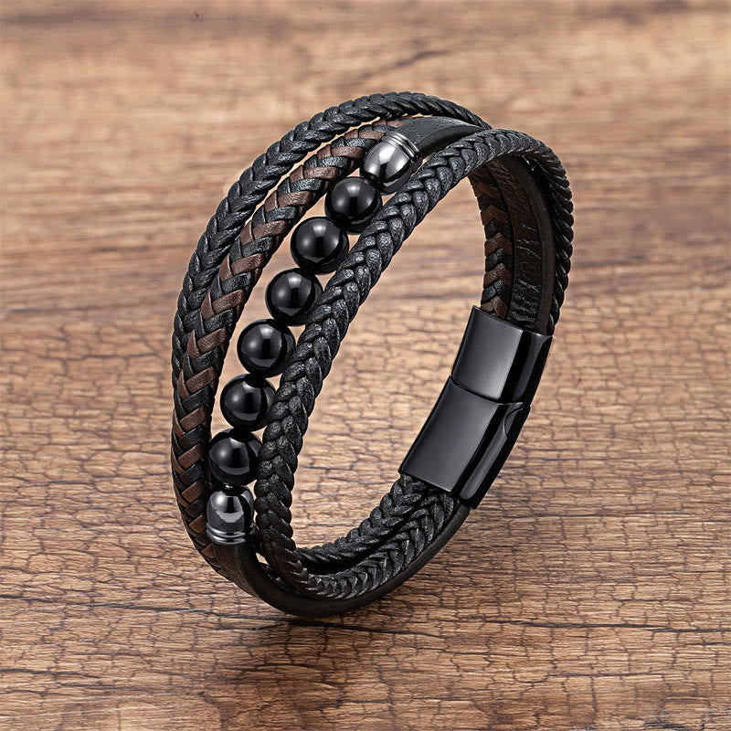 Buddha Stones ​​Tigerauge Lavastein Schwarzer Onyx Lazurit Lapislazuli Hämatitperle Positives Lederarmband - Schwarzer Onyx - 18-22 cm - image 20