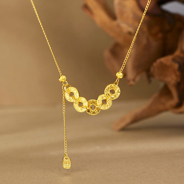 Buddha Stones Ring, Armband, Halskette und Anhänger aus 925er Sterlingsilber mit Fünf-Kaiser-Münzen zum Schutz. - Goldene Halskette - image 0