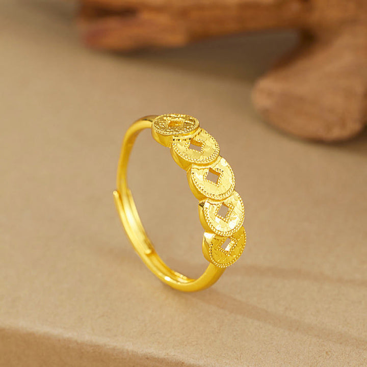 Buddha Stones Ring, Armband, Halskette und Anhänger aus 925er Sterlingsilber mit Fünf-Kaiser-Münzen zum Schutz. - Goldener Ring (verstellbar) - image 13