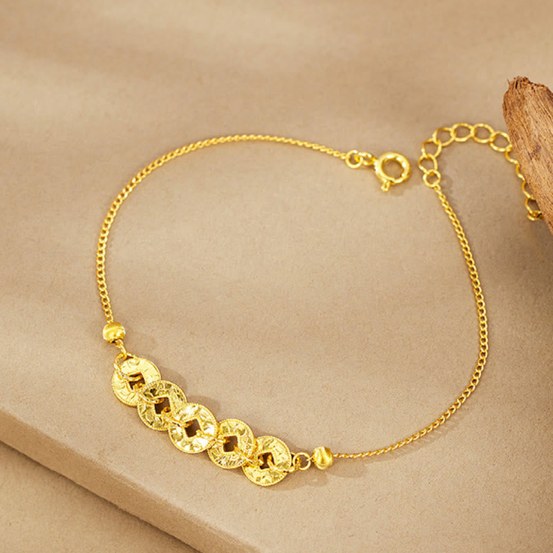 Buddha Stones Ring, Armband, Halskette und Anhänger aus 925er Sterlingsilber mit Fünf-Kaiser-Münzen zum Schutz. - Goldenes Armband (Handgelenkumfang: 14-18 cm) - image 8