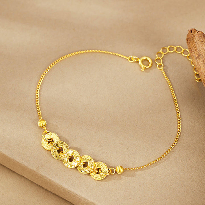 Buddha Stones Ring, Armband, Halskette und Anhänger aus 925er Sterlingsilber mit Fünf-Kaiser-Münzen zum Schutz. - Goldenes Armband (Handgelenkumfang: 14-18 cm) - image 8