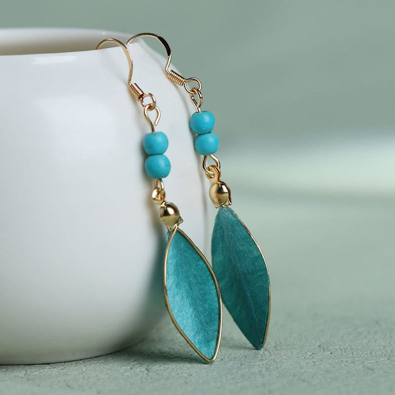 Buddha Stones Boho-Ohrhänger aus handgefertigter Seide mit Perlen in Blattform – Glücksbringer - image 1