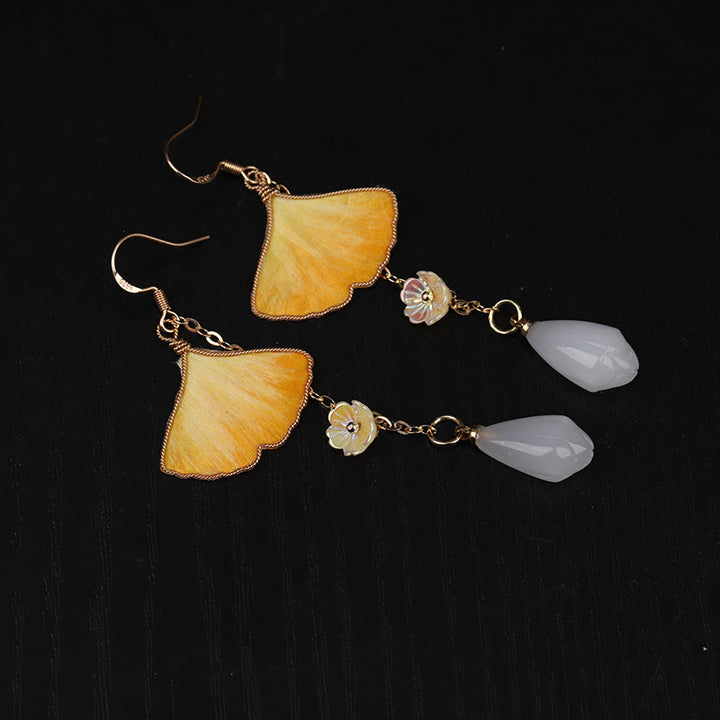 Buddha Stones Handgefertigte Ohrringe aus Seide mit gelbem Ginkgoblatt und Kupferhaken – Glücksbringer - image 10