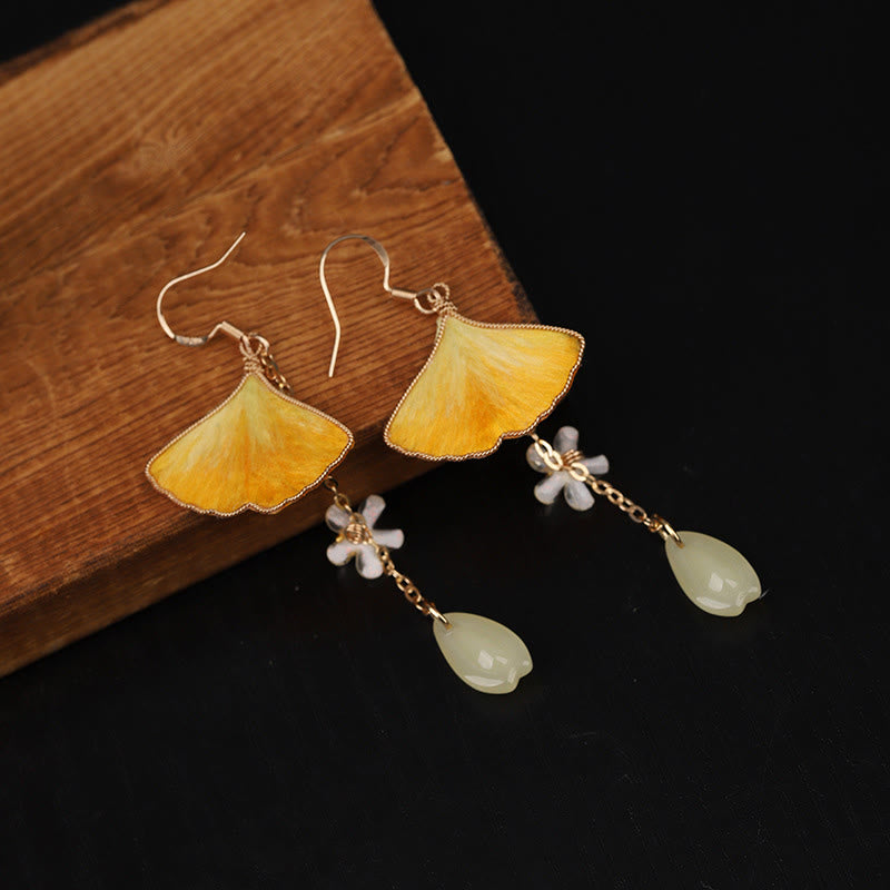 Buddha Stones Handgefertigte Ohrringe aus Seide mit gelbem Ginkgoblatt und Kupferhaken – Glücksbringer - image 4