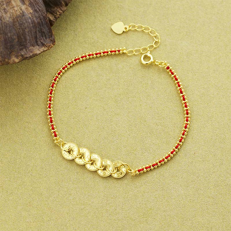 Buddha Stones Armband aus 925er Sterlingsilber mit Fünf-Kaiser-Münzen und roter Schnur - 925er Sterlingsilber (Handgelenkumfang: 14-18 cm) - image 0