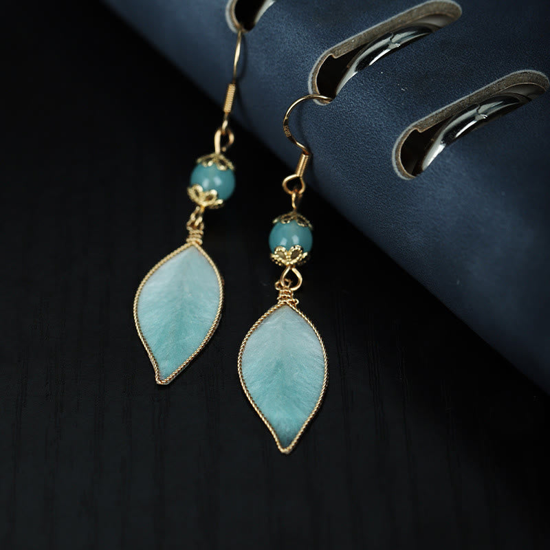 Buddha Stones Handgefertigte Ohrhänger mit cyanfarbenem Blattmuster, kupferplattiert und silberfarben, mit Hakenverschluss - image 2