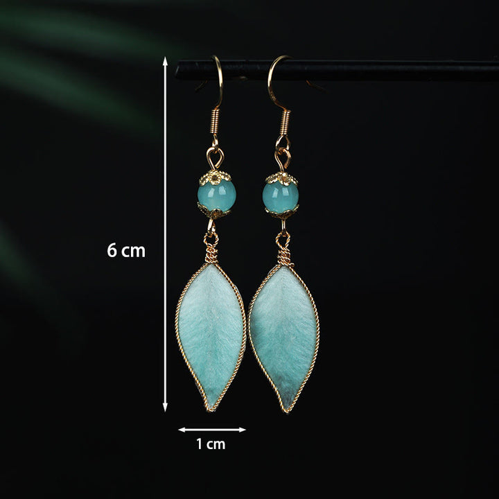 Buddha Stones Handgefertigte Ohrhänger mit cyanfarbenem Blattmuster, kupferplattiert und silberfarben, mit Hakenverschluss - image 5