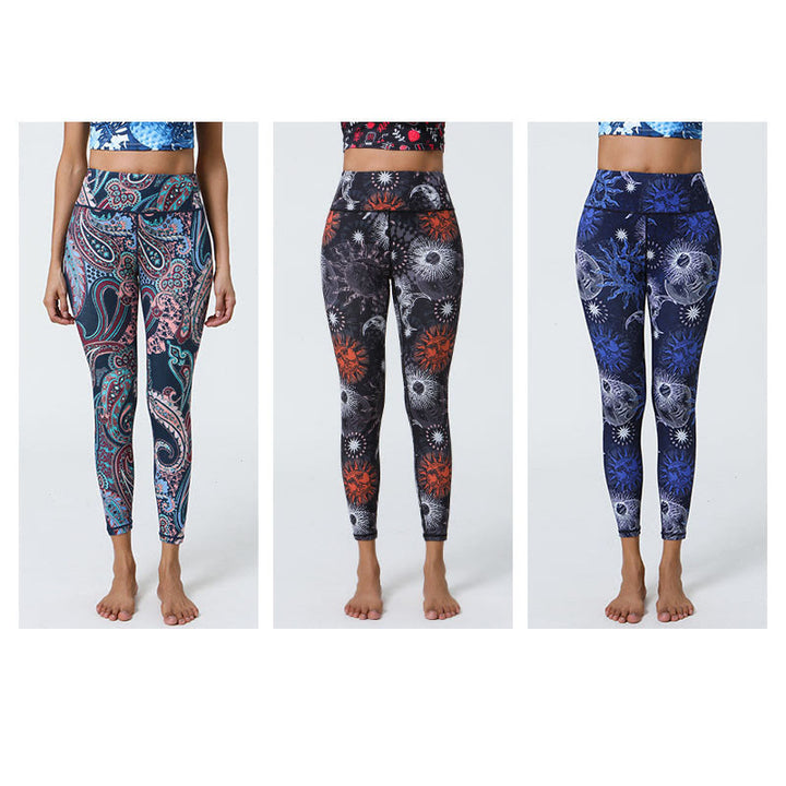 Leggings mit Buddha Stones, Blumen, Federn, Sonne und Mond-Print, Sport-, Fitness- und Yoga-Leggings mit hohem Bund für Damen - image 15