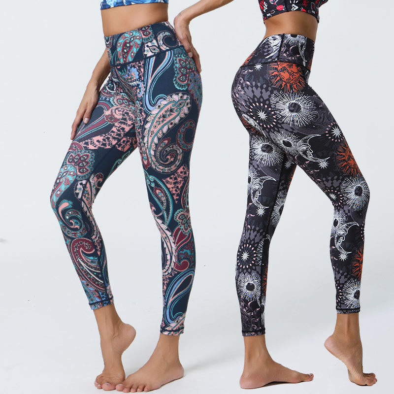 Leggings mit Buddha Stones, Blumen, Federn, Sonne und Mond-Print, Sport-, Fitness- und Yoga-Leggings mit hohem Bund für Damen - image 0