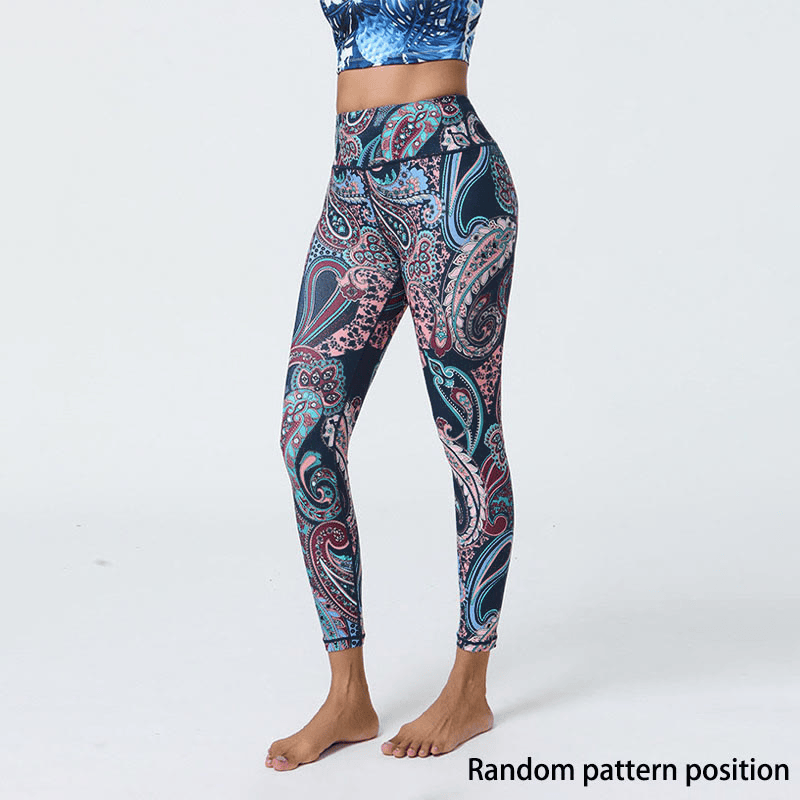 Buddha Steine Blumen Federn Sonne Mond Druck Sport Fitness Yoga Hohe Taille Leggings frauen Hosen - Dunkelblaue Federn - US12, UK/AU16, EU44 (XL) - image 1