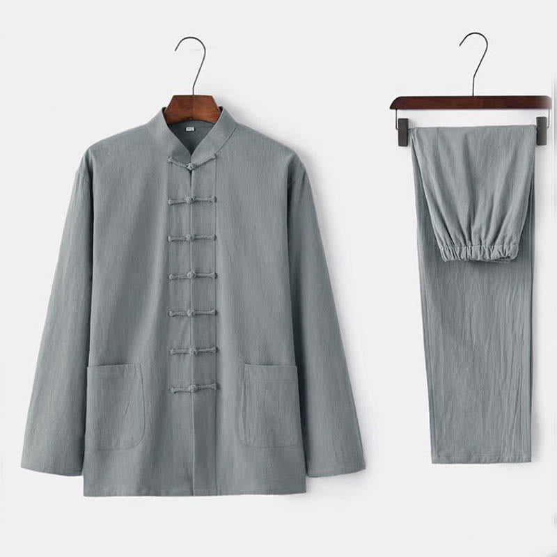 Buddha Stones 2-teiliges Tang-Anzug-Set mit traditionellen Froschknopf-Uniformen, langärmeligem Hemd und Hose für Herren - Gainsboro - US/ UK/AU44, EU54 (5XL) - image 2