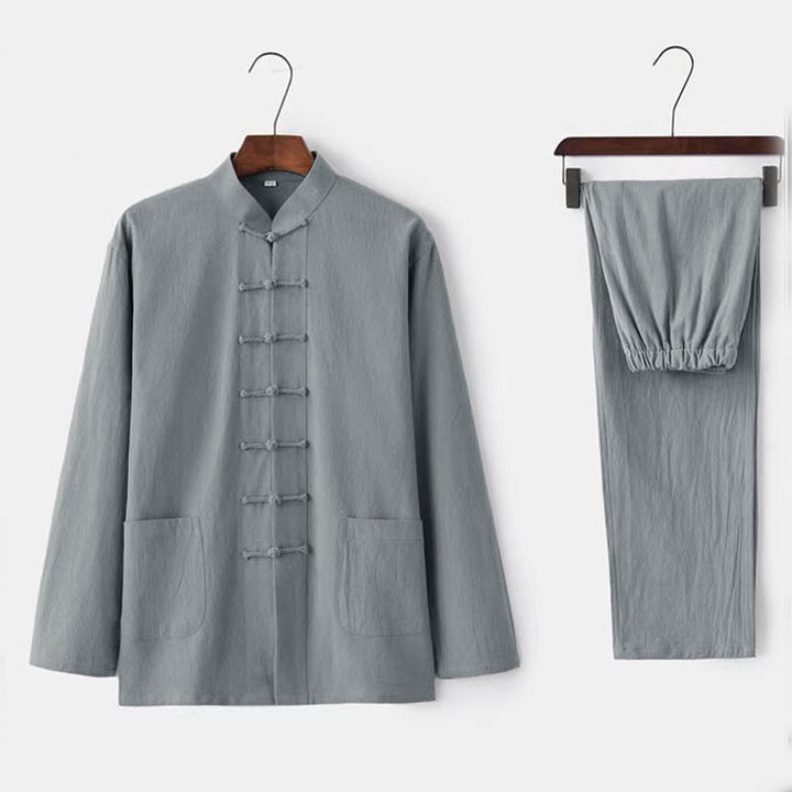 Buddha Stones 2-teiliges Tang-Anzug-Set mit traditionellen Froschknopf-Uniformen, langärmeligem Hemd und Hose für Herren - Gainsboro - US/ UK/AU44, EU54 (5XL) - image 2