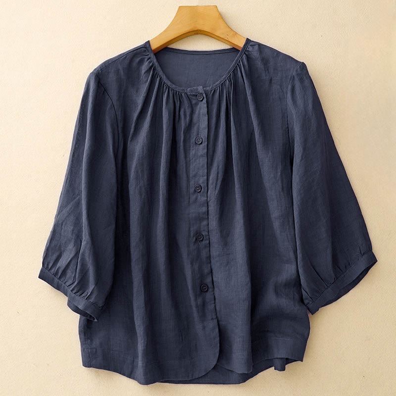 Buddha Stones Damenhemd mit Rundhalsausschnitt, Dreiviertelärmeln und Knopfleiste. - Marine - US12, UK/AU16, EU44 (2XL) - image 0