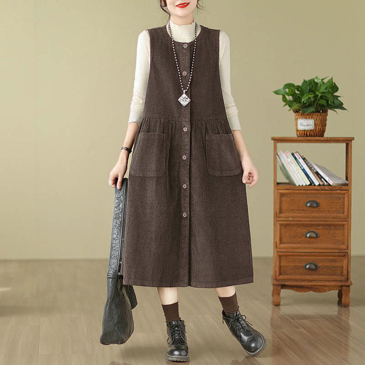 Buddha Stones Herbst Retro Knöpfe Design Cord Ärmelloses Midikleid mit Taschen - Sattelbraun - US12, UK/AU16, EU44 (3XL) - image 0