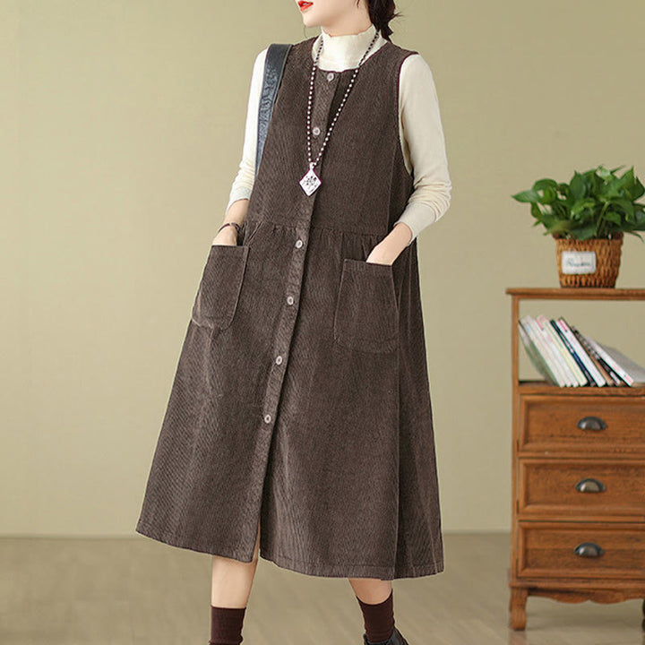 Buddha Stones Herbst Retro Knöpfe Design Cord Ärmelloses Midikleid mit Taschen - image 2
