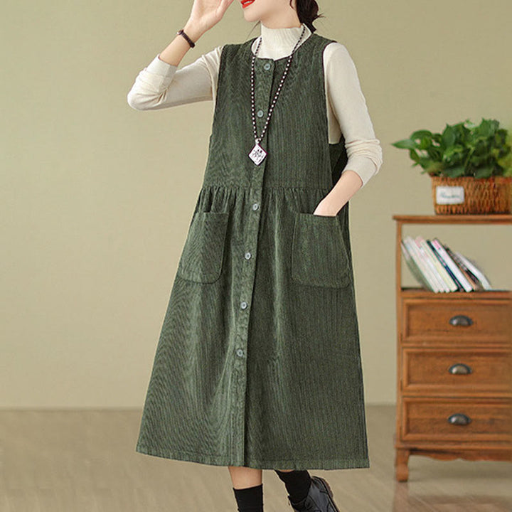Buddha Stones Herbst Retro Knöpfe Design Cord Ärmelloses Midikleid mit Taschen - image 7
