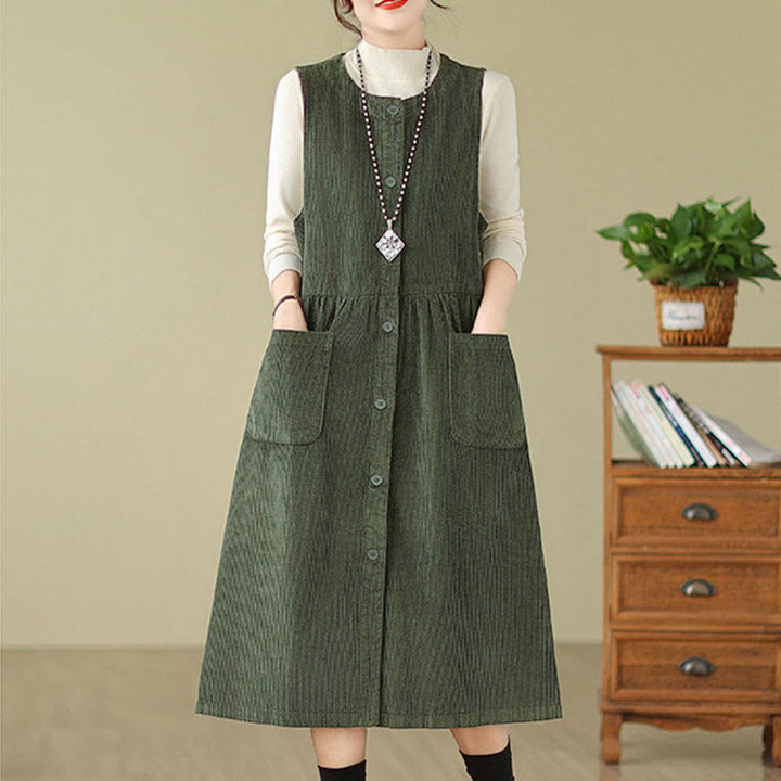 Buddha Stones Herbst Retro Knöpfe Design Cord Ärmelloses Midikleid mit Taschen - image 8