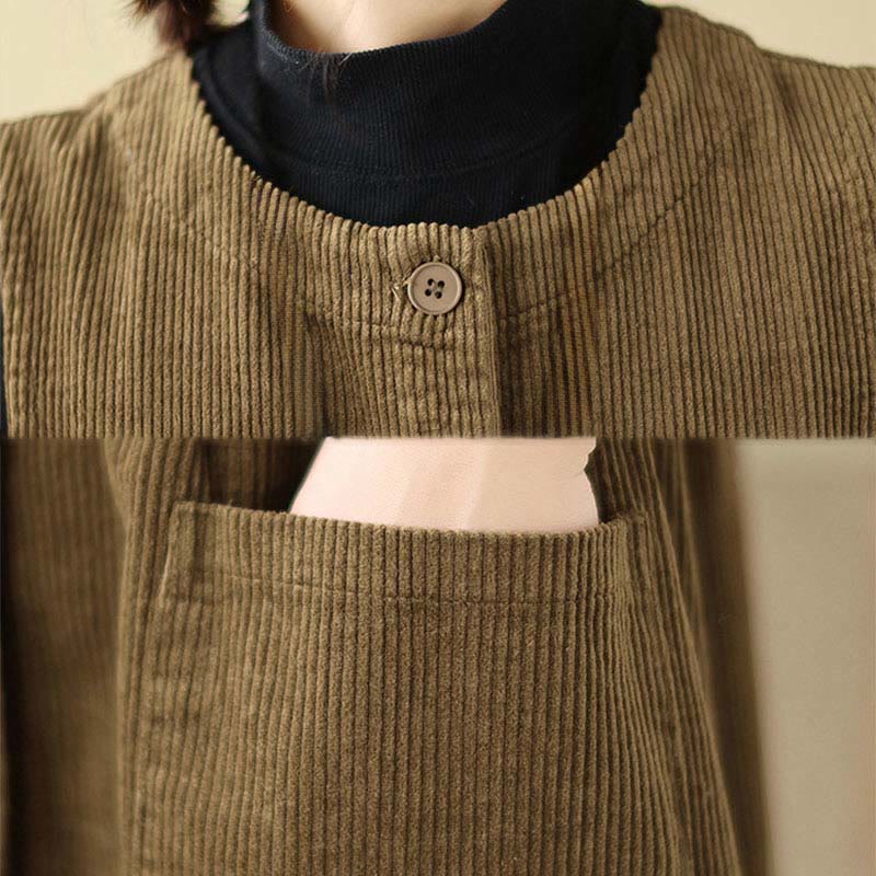 Buddha Stones Herbst Retro Knöpfe Design Cord Ärmelloses Midikleid mit Taschen - image 17