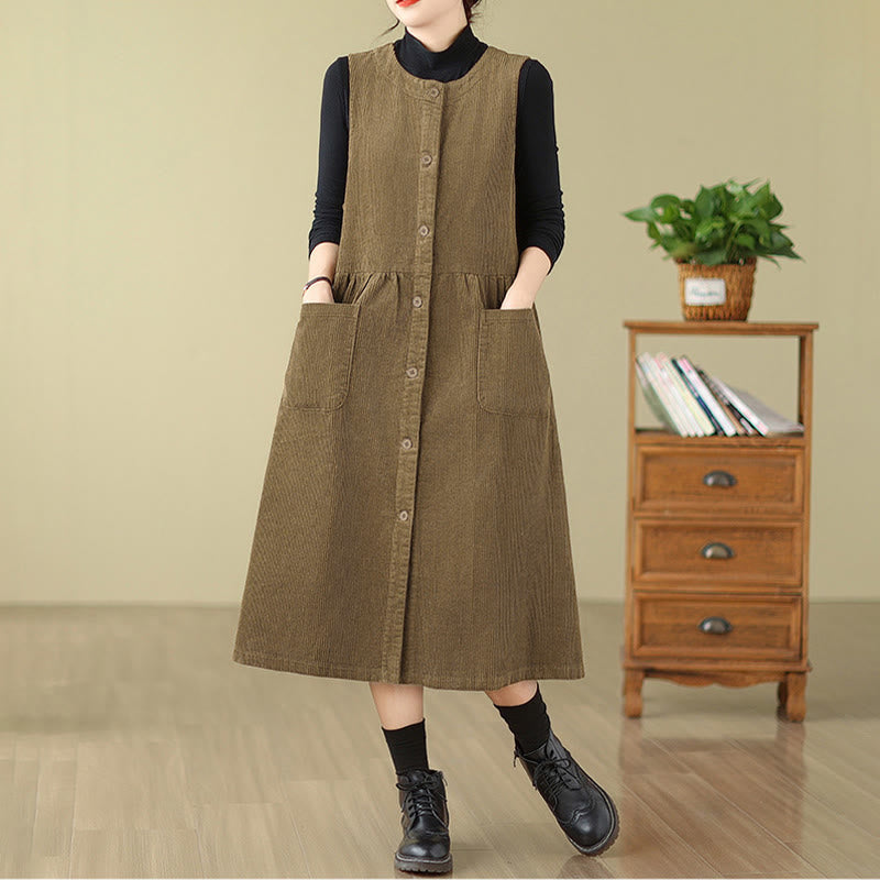 Buddha Stones Herbst Retro Knöpfe Design Cord Ärmelloses Midikleid mit Taschen - image 14
