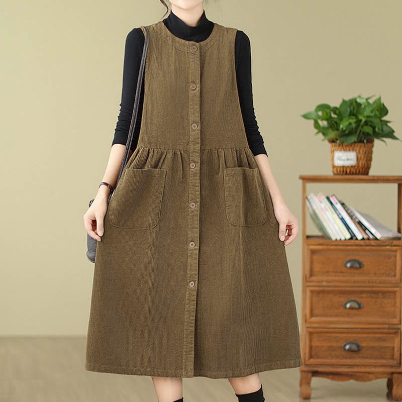 Buddha Stones Herbst Retro Knöpfe Design Cord Ärmelloses Midikleid mit Taschen - image 15