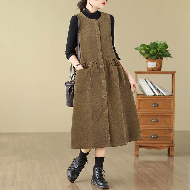 Buddha Stones Herbst Retro Knöpfe Design Cord Ärmelloses Midikleid mit Taschen - Dunkelgoldenrod - US12, UK/AU16, EU44 (3XL) - image 11