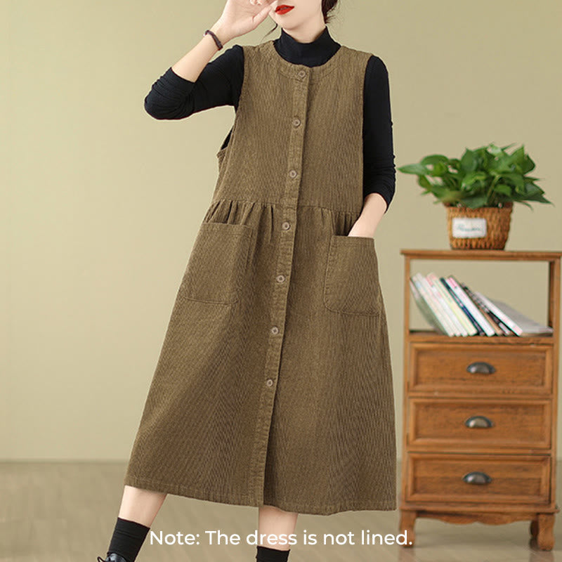 Buddha Stones Herbst Retro Knöpfe Design Cord Ärmelloses Midikleid mit Taschen - image 12