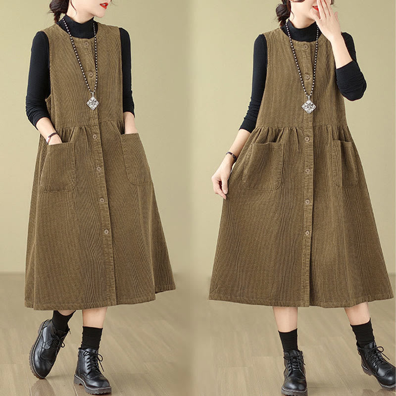 Buddha Stones Herbst Retro Knöpfe Design Cord Ärmelloses Midikleid mit Taschen - image 16