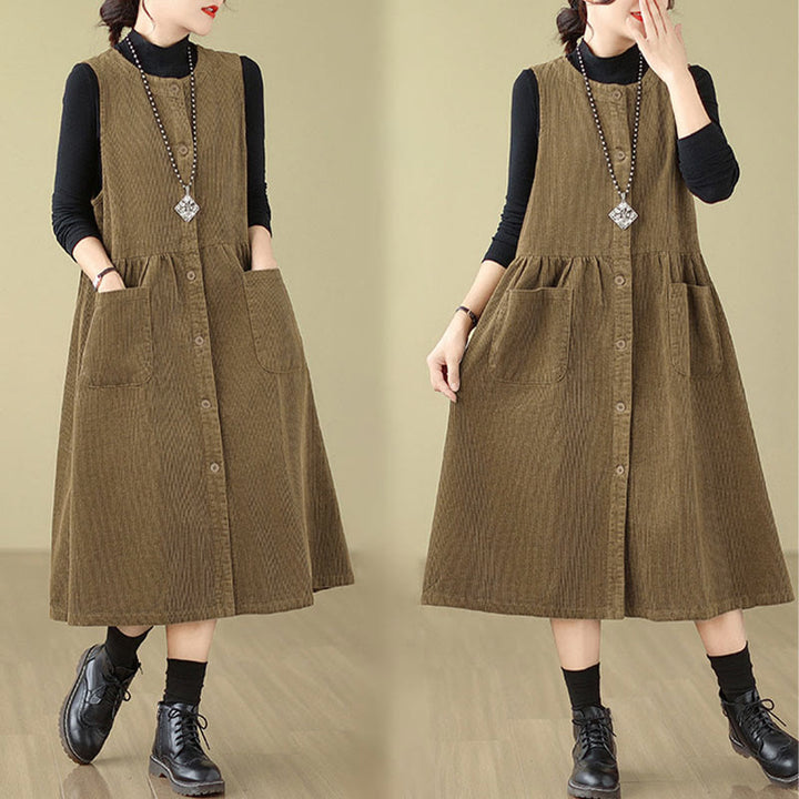 Buddha Stones Herbst Retro Knöpfe Design Cord Ärmelloses Midikleid mit Taschen - image 16