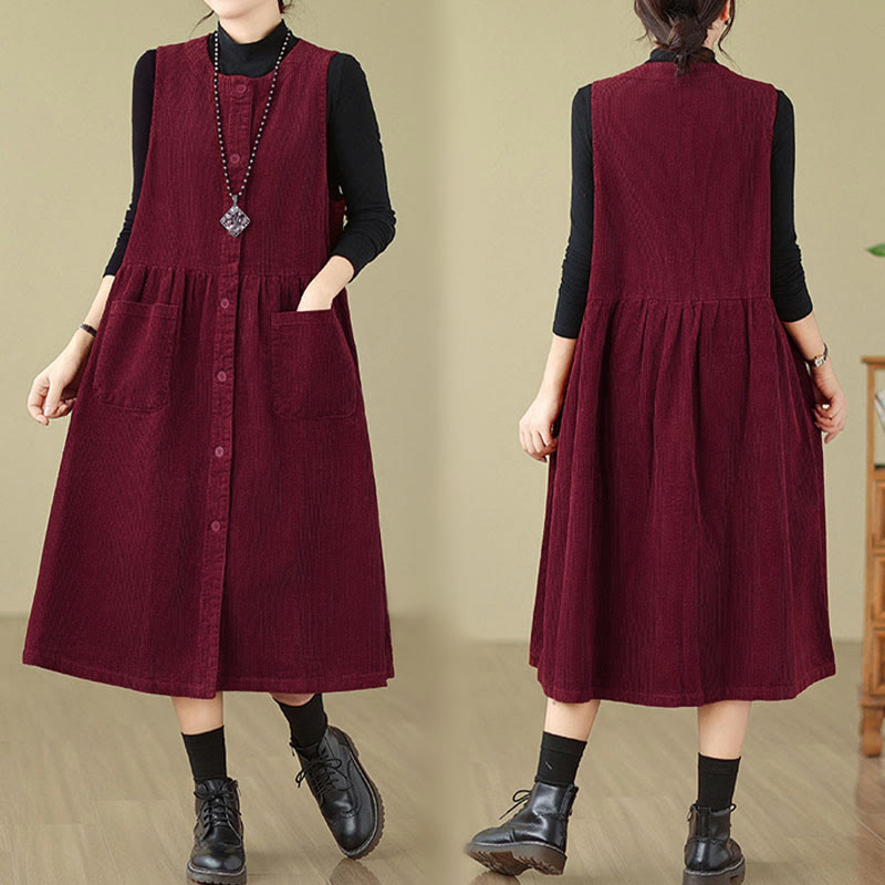 Buddha Stones Herbst Retro Knöpfe Design Cord Ärmelloses Midikleid mit Taschen - image 23