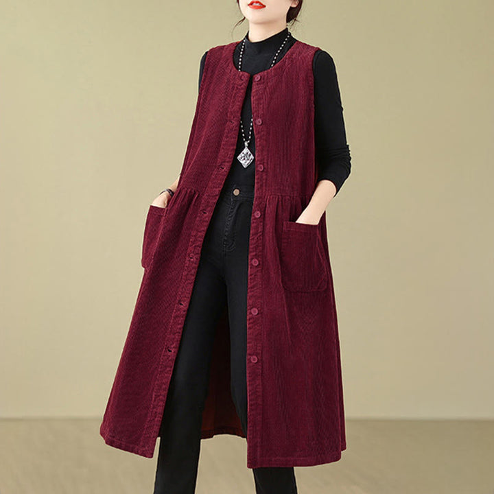 Buddha Stones Herbst Retro Knöpfe Design Cord Ärmelloses Midikleid mit Taschen - image 22