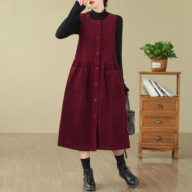 Buddha Stones Herbst Retro Knöpfe Design Cord Ärmelloses Midikleid mit Taschen - Purpurrot - US12, UK/AU16, EU44 (3XL) - image 19
