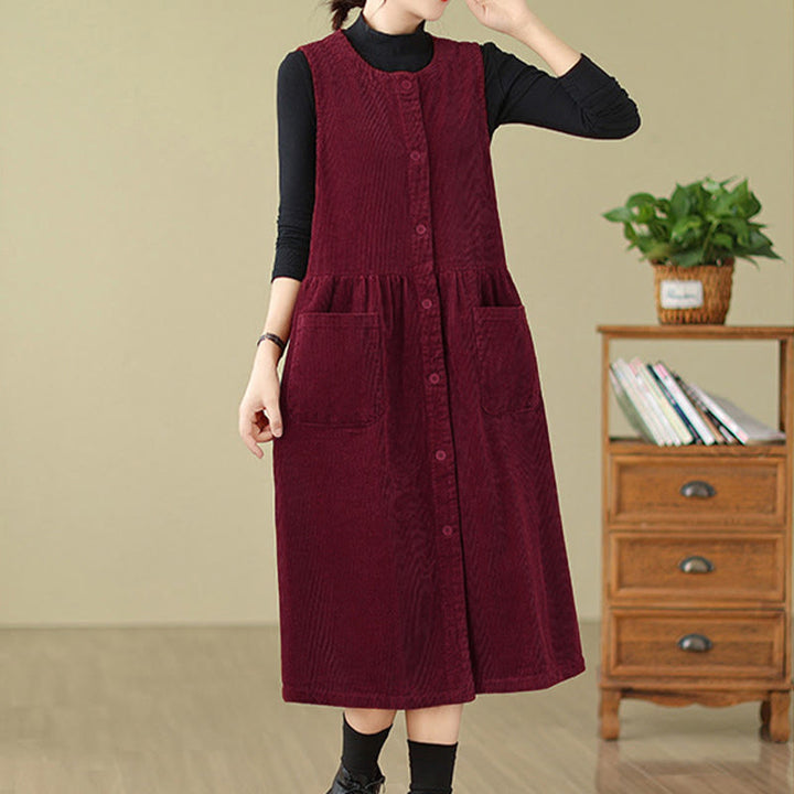 Buddha Stones Herbst Retro Knöpfe Design Cord Ärmelloses Midikleid mit Taschen - image 21