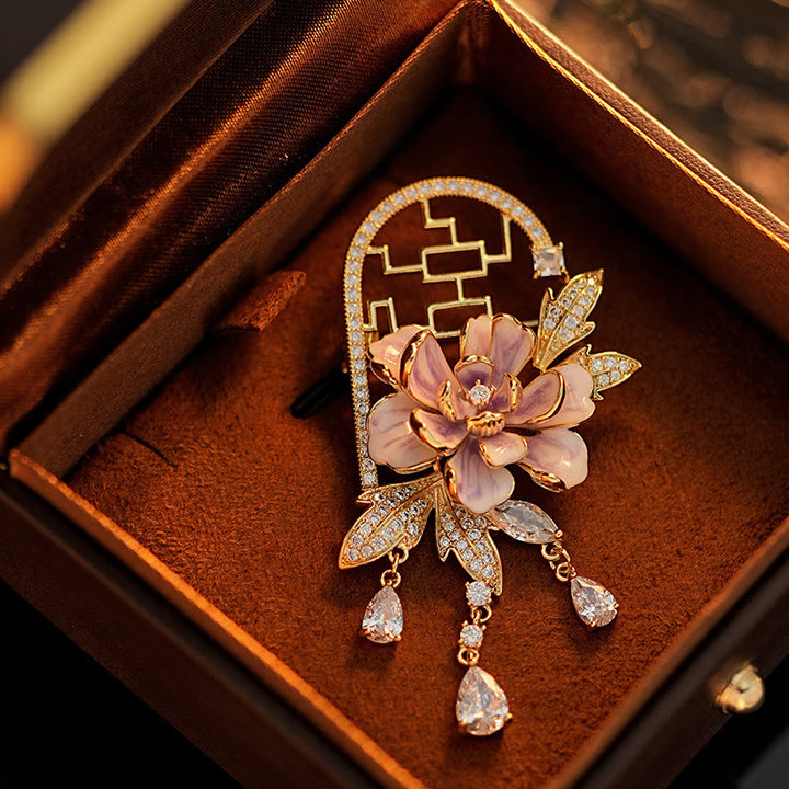 Buddha Stones Chinesische Fensterbrosche aus Kupfer mit lila Pfingstrosenquaste und Fenstermotiv - Lila Pfingstrose - image 0