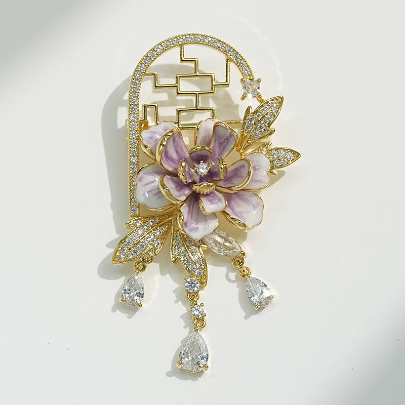 Buddha Stones Chinesische Fensterbrosche aus Kupfer mit lila Pfingstrosenquaste und Fenstermotiv - image 4