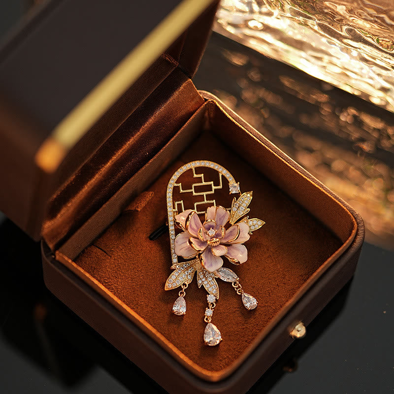 Buddha Stones Chinesische Fensterbrosche aus Kupfer mit lila Pfingstrosenquaste und Fenstermotiv - image 7