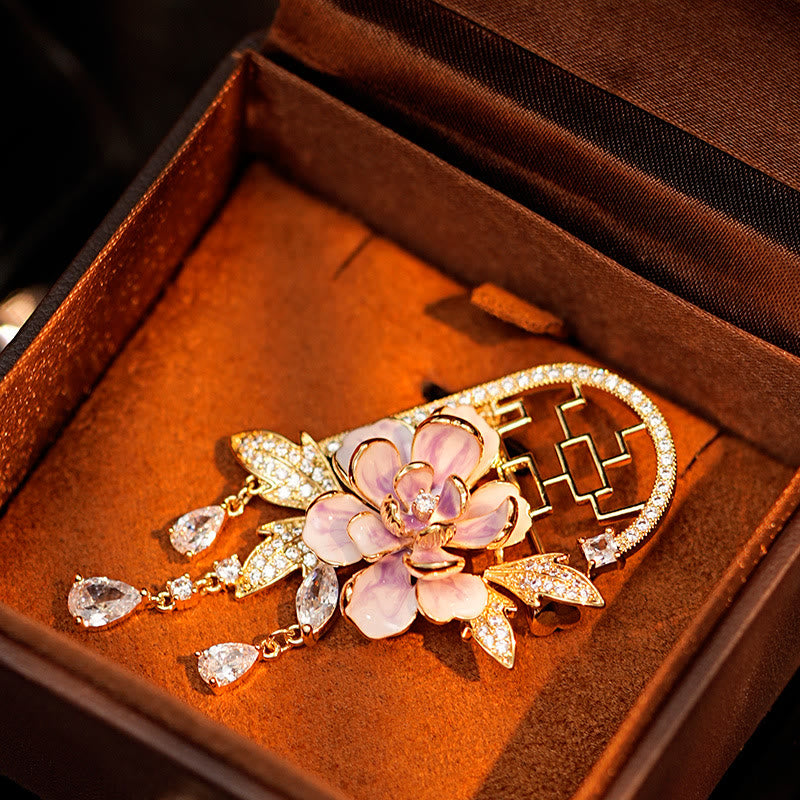 Buddha Stones Chinesische Fensterbrosche aus Kupfer mit lila Pfingstrosenquaste und Fenstermotiv - image 6