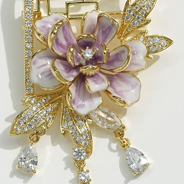 Buddha Stones Chinesische Fensterbrosche aus Kupfer mit lila Pfingstrosenquaste und Fenstermotiv - image 5