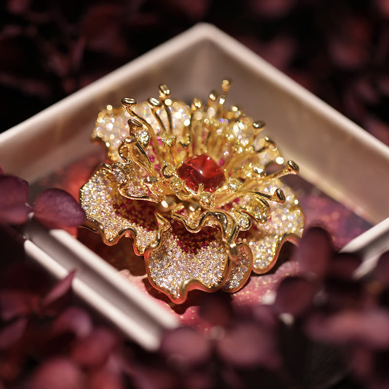 Buddha Stones Kupferbrosche mit Pfingstrosenmotiv – Symbol des Wohlstands - Rote Pfingstrose - image 0