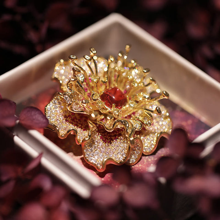 Buddha Stones Kupferbrosche mit Pfingstrosenmotiv – Symbol des Wohlstands - Rote Pfingstrose - image 0