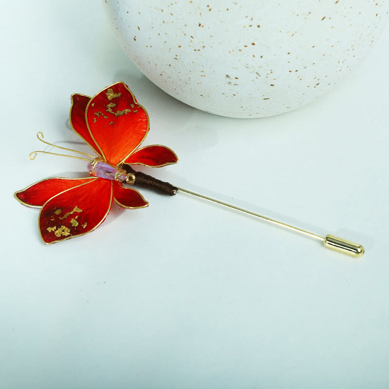 Buddha Stones Handgefertigte Brosche aus Seidenkunst-Samt mit roter Schmetterlingsblume - image 1