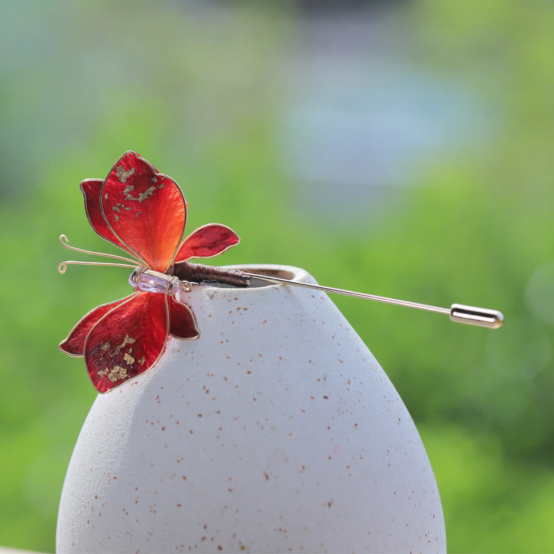 Buddha Stones Handgefertigte Brosche aus Seidenkunst-Samt mit roter Schmetterlingsblume - Roter Schmetterling, ca. 7-8 cm - image 0