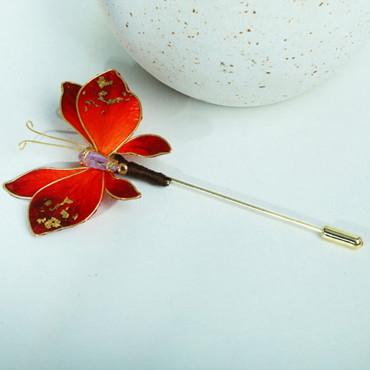 Buddha Stones Handgefertigte Brosche aus Seidenkunst-Samt mit roter Schmetterlingsblume - image 7